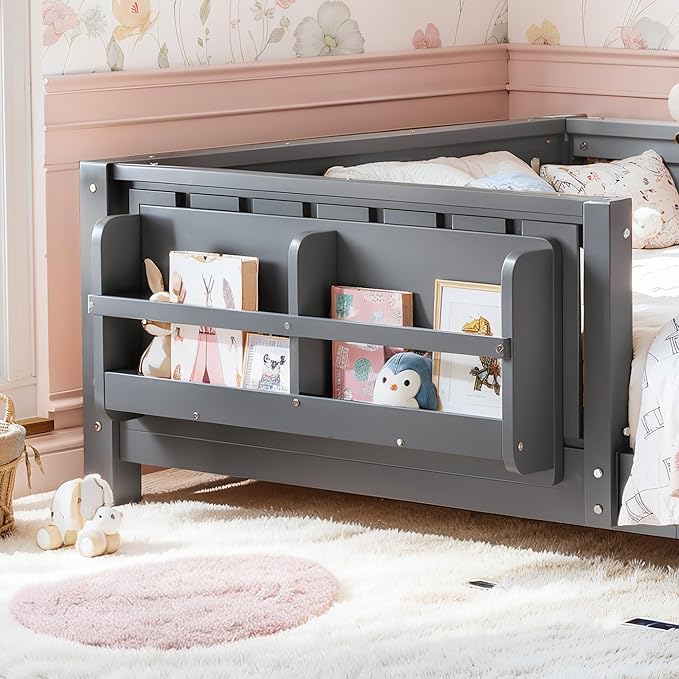 Bellemave Twin Size Kids Montessori Bed with Bookshelf,Solid Wood Twin Floor Bed Frame with Fence and Slats for Girls Boys,Low-Profile,Gray