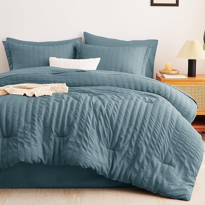 CozyLux Full Size Comforter Sets with Sheets 7 Pieces, Mineral Blue Seersucker Bed in a Bag Textured Luxury Soft Bedding Set with Down Alternative Comforter, Sheets, Pillowcases & Shams All Seasons