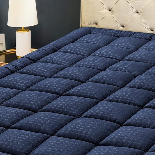 HYLEORY California King Mattress Pad Quilted Fitted Mattress Protector Cooling Pillow Top Mattress Cover Breathable Fluffy Soft Mattress Topper with 8-21" Deep Pocket, Navy