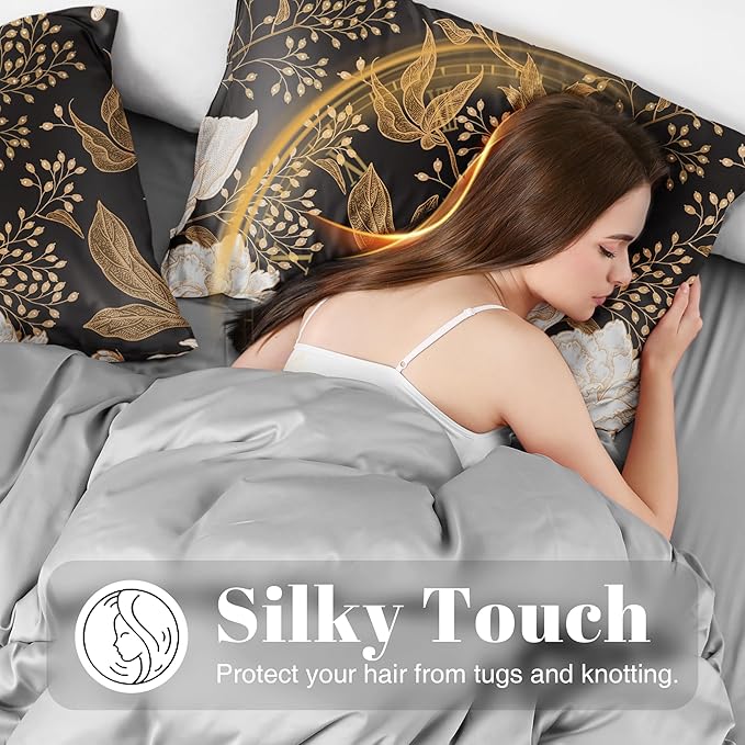 EXQ Home Satin Pillowcase for Hair and Skin Queen - Printed Vintage Flowers Silk Pillowcase 2 Pack 20x30 inches - Satin Pillow Cases Set of 2 with Envelope Closure, Gifts for Women Men