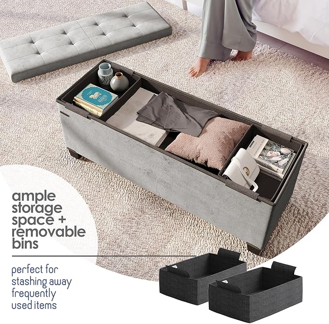 Storage Ottoman Bench with Bins, 43-in Storage Bench for Bedroom End of Bed, Folding Foot Rest Ottoman for Living Room Max 660lbs, Velvet Ottomans, Light Grey