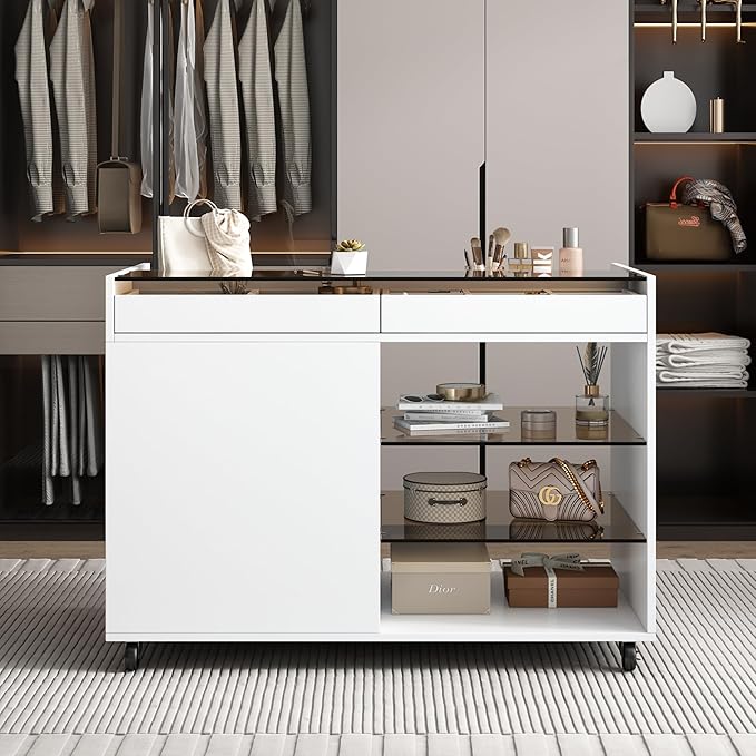 Movable Storage Cabinet Island, 43.3" Multi-Functional Island with 3 Side Drawer, a Reversible Top Storage Space and Two Glass Display Shelves, Vanity Table