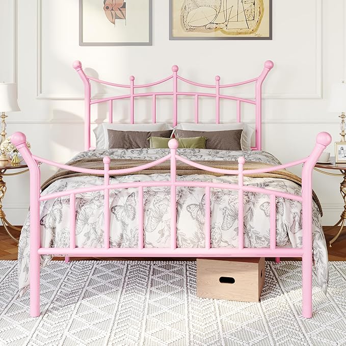Allewie 14 Inches Twin Size Metal Platform Bed Frame with Elegant Crown Iron-Art Headboard & Footboard, Sturdy Mattress Foundation with Under-Bed Storage, Easy Assembly, No Box Spring Needed, Pink