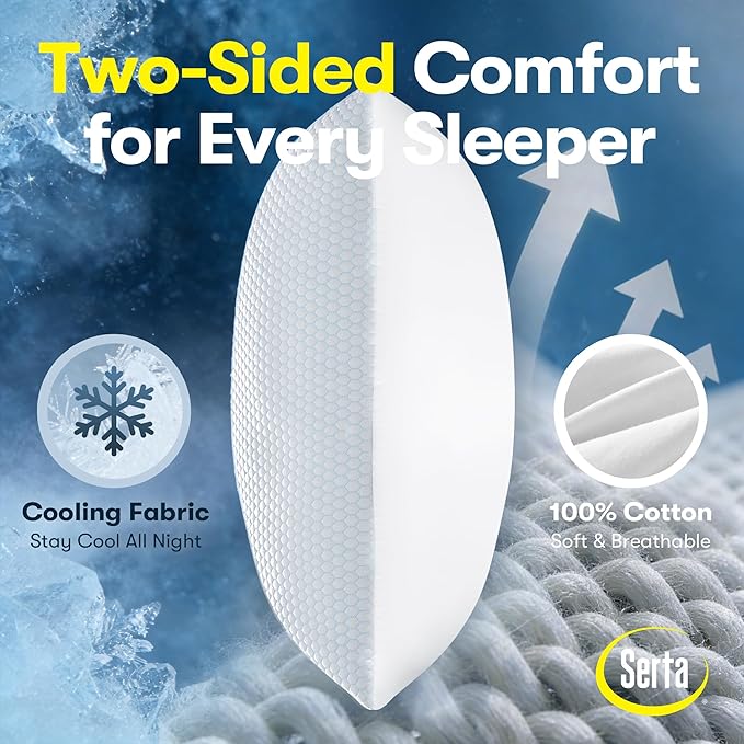 Serta Cooling Down Alternative Bed Pillows Queen Size Set of 2, Reversible Cooling & Cotton Fabric, Medium Firm, Breathable Support for Hot, Side, Back & Stomach Sleepers, 20" x 28"