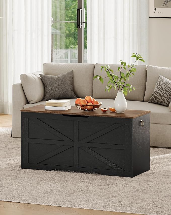 CHOEZON Storage Chest, 39.4" Wooden Storage Trunk, Modern Storage Bench with Safety Hinge, Toy Box, Farmhouse Style, for Bedroom, Living Room, Walnut and Black MCW10BL