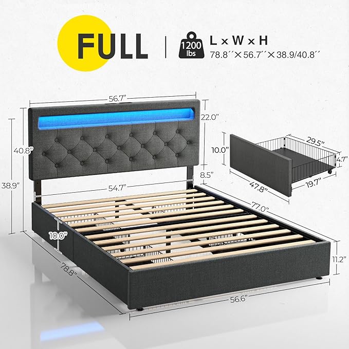 Rolanstar Full Size Bed Frame with 4 Storage Drawers and Charging Station, Full Bed with Led Lights, 2 USB & 1 Type C, Adjustable Headboard 38.9/40.9 Inches, No Box Spring Needed, Dark Gray