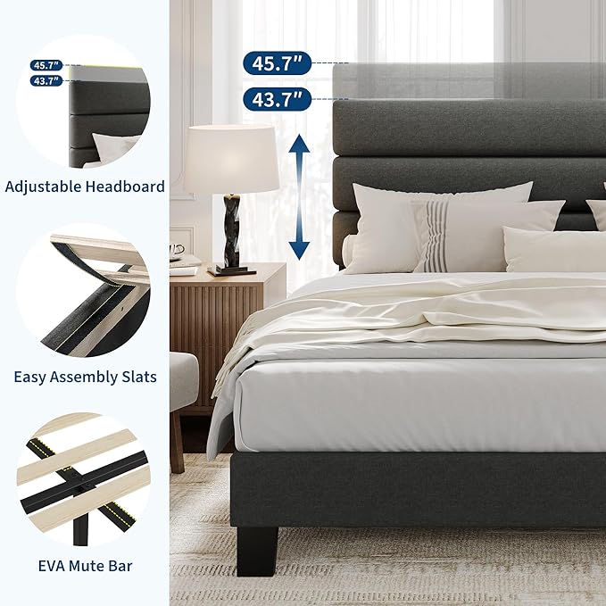 IDEALHOUSE Full Size Bed Frame with Adjustable Headboard, Fabric Upholstered and Wooden Slats Support, Heavy Duty Mattress Foundation, Platform Bed Frame No Box Spring Needed, Easy Assembly, Grey