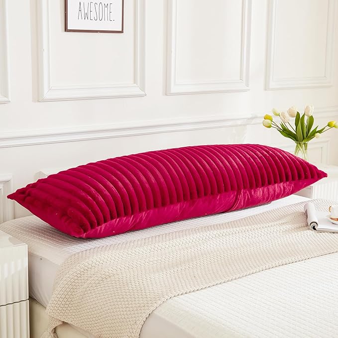 JAUXIO Faux Fur Fluffy Body Pillow Cover Luxury Textured Vertical Stripe Plush Decorative Body Pillowcase, Ultra Soft and Cozy Zipper Closure 21 x 54 Inches, Burgundy