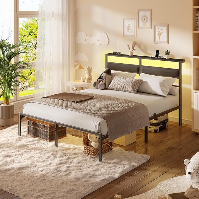 OURPIC Full Size Bed Frame with Headboard, Bed Frame Full Size with LED Light and Charging Station, Black Metal Platform Bedframe and Storage Shelf, No Box Spring Needed, Noise Free