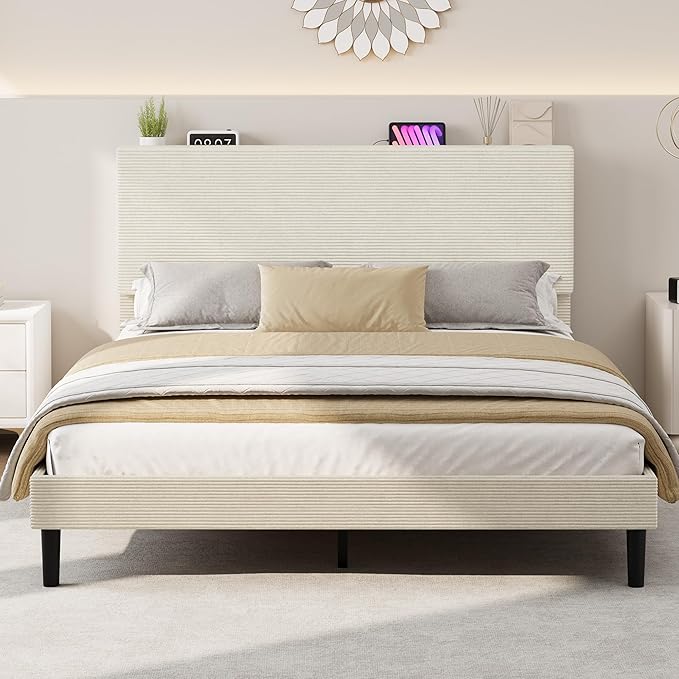 IDEALHOUSE Queen Bed Frame, Platform Bed with Adjustable Corduroy Upholstered Storage Headboard and Charging Station, Sturdy Metal Support, Noise Free, Easy Assembly, Beige