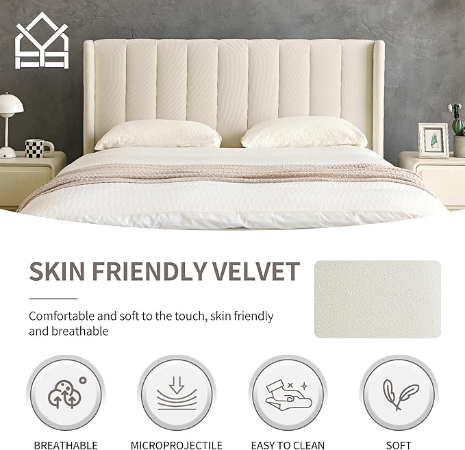 YUHUASHI upholstered Platform Bed Frame/King Bed Frame/Modern Geometric Double-Wing Design headboard/Velvet Fabric/Easy to Assemble no Noise (Cream, King (U.S. Standard))