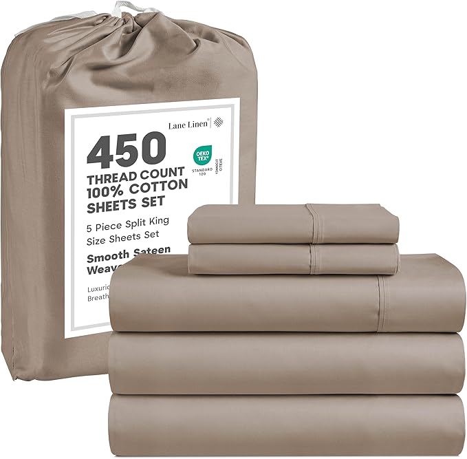 LANE LINEN Split King Sheet Sets for Adjustable Beds - 5 PCs, 450 Thread Count Split King Sheets Set - Sateen Weave King Split Sheets - Split Top King Sheets Set for Adjustable Bed - Taupe