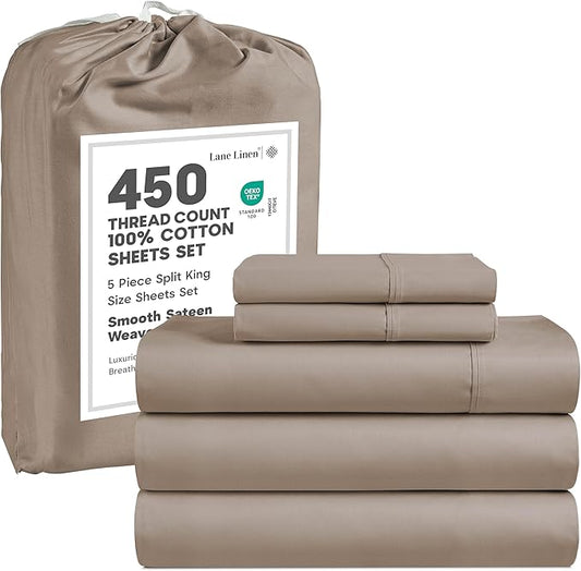 LANE LINEN Split King Sheet Sets for Adjustable Beds - 5 PCs, 450 Thread Count Split King Sheets Set - Sateen Weave King Split Sheets - Split Top King Sheets Set for Adjustable Bed - Taupe