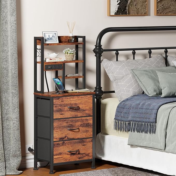 Furnulem Night Stand Set 2, LED Nightstand with Charging Station, 3 Fabric Drawers and 4 Tier Storage Shelf, Bedside End Table for Bedroom, Dorm, Office, Rustic Brown