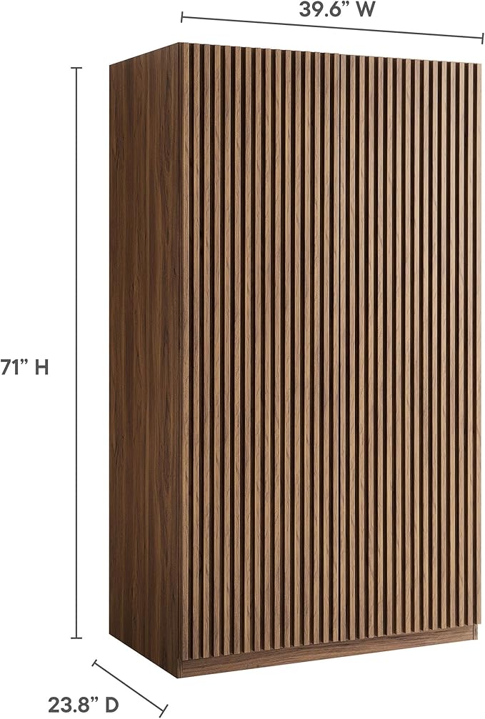 Modway Render Mid Century Modern Wardrobe Armoire Closet in Walnut w/Vertical Slatted Doors - 71Inch Freestanding Closet w/Adjustable Shelves & Hanging Rods - Tall Bedroom Storage Cabinet