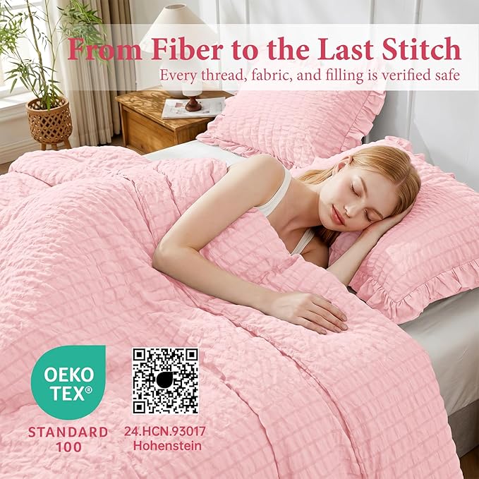JOLLYVOGUE Pink Comforter Full Size, 3 Pieces Seersucker Lightweight Full Size Bedding, All Season Fluffy Microfiber Bedding Comforter Set with 1 Ruffle Comforter and 2 Ruffle Pillowshams