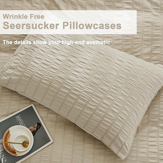 AveLom Beige Seersucker Duvet Cover Set Queen Size (90 x 90 inches), 3 Pieces (1 Duvet Cover + 2 Pillow Cases), Ultra Soft Washed Microfiber, Textured Duvet Cover with Zipper Closure, Corner Ties