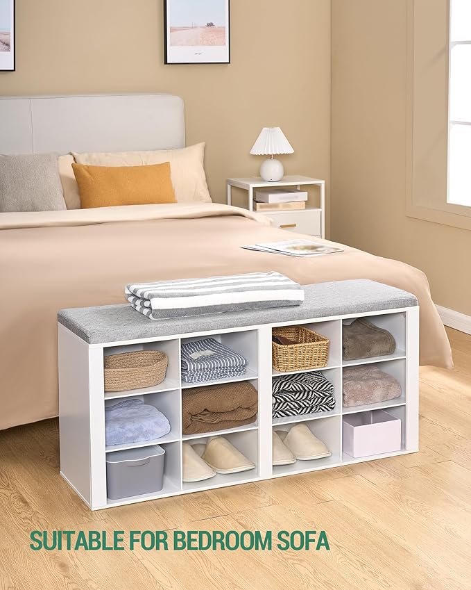 Hzuaneri Shoe Bench with Cushion, Entryway Storage Bench with 12 Cubbies, Cubby Shoe Rack with Adjustable Shelves, Shoe Organizer Cabinet for Living Room, Bedroom, Entryway, White SB19003GY