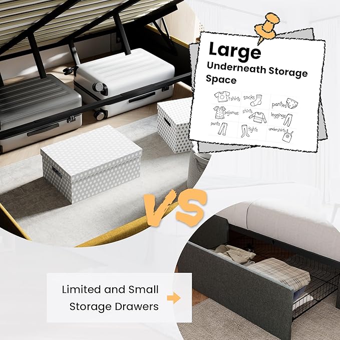 SHA CERLIN Queen Size Lift Up Storage Bed/Modern Wingback Headboard/Upholstered Platform Bed Frame/Hydraulic Storage/No Box Spring Needed/Wood Slats Support/Olive Yellow