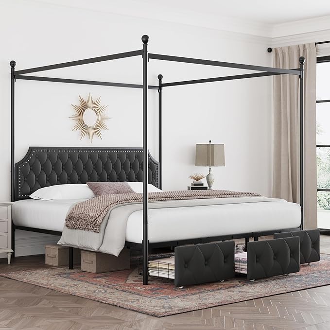 Keyluv King Upholstered Canopy Bed Frame with 3 Storage Drawers & Button Tufted Headboard, Metal Platform Bed with 4 Removable Posts, Two-Purpose Velvet Bed, Dark Grey/Curtain Not Included