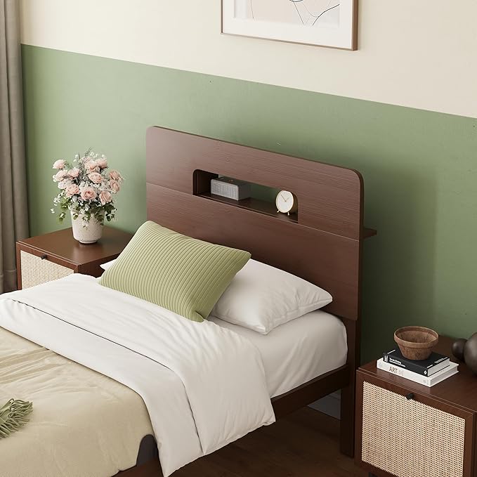 ZIYOO Walnut Finish Bamboo Bed Frame Twin XL 14” Height, Sturdy Mattress Foundation with Bamboo Exterior & Reinforced Metal Slats, Easy Assembly Bedroom Furniture