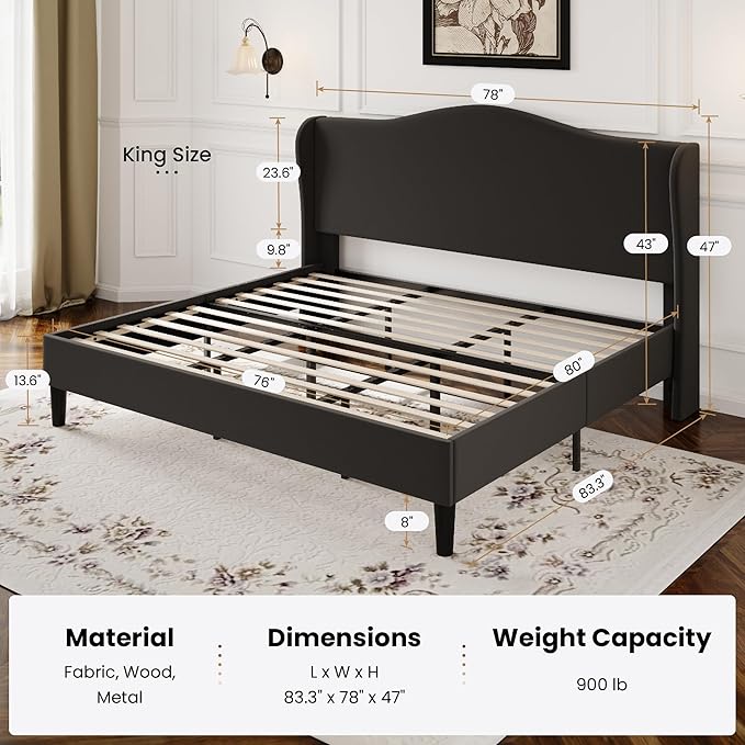 SHA CERLIN King Size Velvet Platform Bed Frame with Elegant Wingback Headboard, Modern & Luxurious Design, Sturdy Wooden Slats, No Box Spring Required, Easy Assembly, Noise-Free, Soft Black