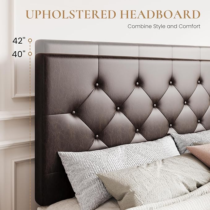 SHA CERLIN Upholstered Full Size Platform Bed Frame with 4 Storage Drawers, Adjustable Headboard with Diamond Stitched Button Tufted Design, Wooden Slat Support, No Box Spring Needed, Black Brown