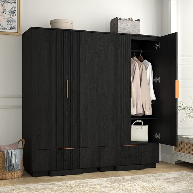 Yechen 67" Fluted Armoire Wardrobe Closet Set of 3 with Doors and Drawer, Wooden Wardrobe Closet Cabinet with Adjustable Shelve, Modern Small Armoires Storage Clothes, Coats for Bedroom, Black, 3pcs