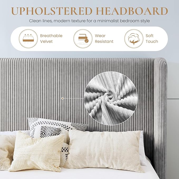 SHA CERLIN Queen Size Corduroy Upholstered Platform Bed Frame with Vertical Channel Tufted Wingback Headboard, 8" Under Bed Storage, Wooden Slats & Metal Frame Support, Easy Assembly, Light Grey