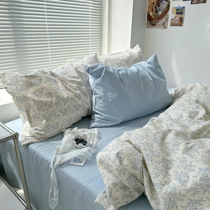 mixinni Blue Floral Duvet Cover King Size - 100% Cotton Soft Boho Comforter Cover with Zipper Closure 4 Ties, 3-Piece Vintage Aesthetic Botanical Bedding Set with 2 Pillowcases, All Season Bed Set