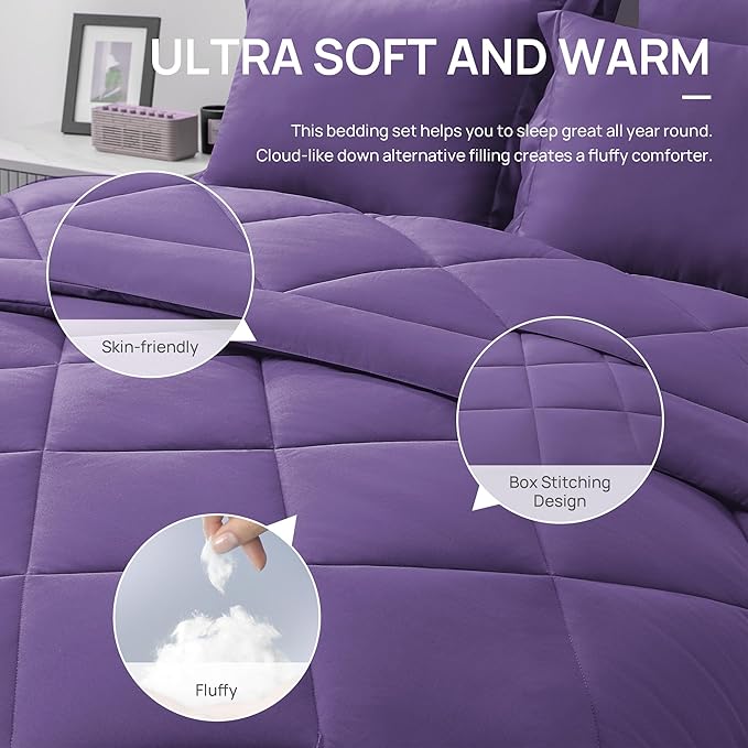 Love's cabin Twin Comforter Set Purple, 5 Pieces Twin Bed in a Bag, All Season Bedding Sets with 1 Comforter, 1 Flat Sheet, 1 Fitted Sheet, 1 Pillowcase and 1 Pillow Sham | Soft, Breathable, Lightweight, Comfortable