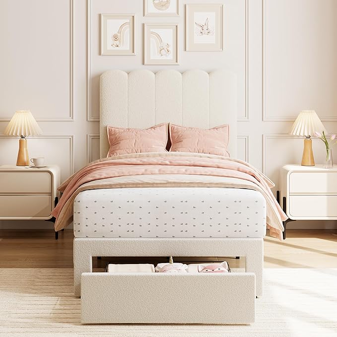 GarveeHome Twin Bed Frame with Under-Bed Drawer, Upholstered Platform Bed with Wave Headboard for Kids/Girls, Wooden Slats Support, No Box Spring Needed, Boucle White