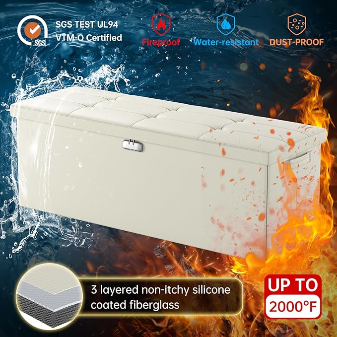 ENGPOW Storage Ottoman, Fireproof Folding Bench with Lock(15”x 43”x15”), Water-Resistant ＆ Heat Insulation Large Storage Chest with Handles＆2 Extra Spaces Safe for Living Room, Bedroom, Home, Beige