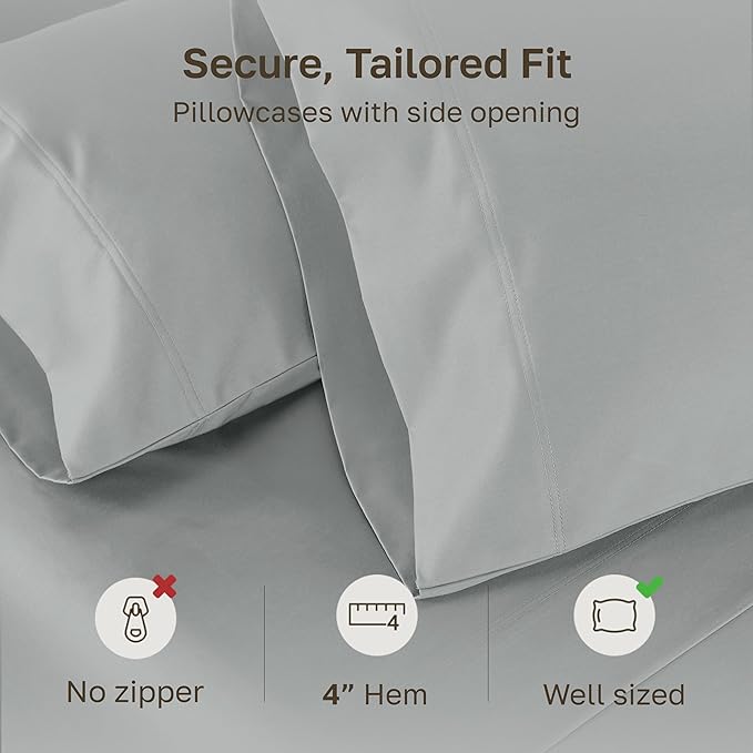Heirloom Soft, Smooth & Thick Certified 800 Thread Count 100% Cotton Sateen, 2 Pillow Cases Standard Size Fits Standard & Queen Size Pillows (Light Grey)
