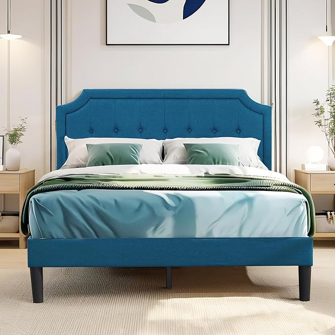VECELO Queen Upholstered Platform Bed Frame with Adjustable Button Stitched Panel Headboard,Strong Wood Slat Support,Velcro Design,Mattress Foundation/Easy Assembly,Blue