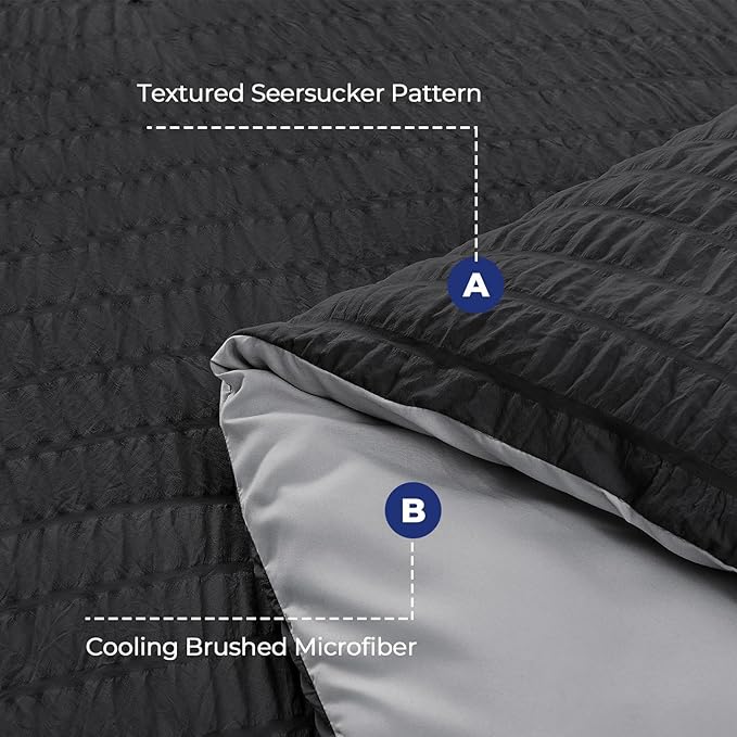 HYMOKEGE Black/Light Grey King Size Comforter Set Seersucker 7 Pieces, All Season Luxury Bed in a Bag for Bedroom, Bedding Set with Comforter, Sheets, Pillowcases & Shams