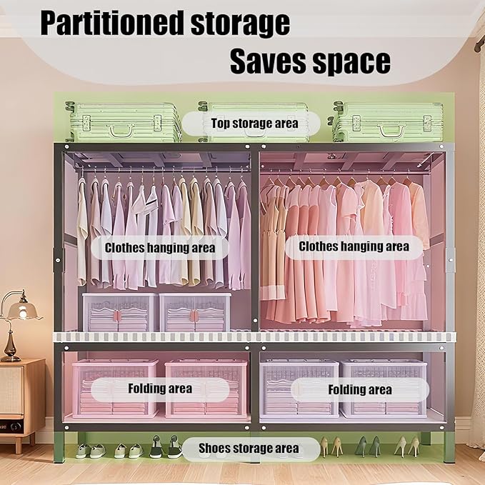 Freestanding Heavy Duty Wardrobe Closet with Magnetic Door, Portable Metal Closets, Foldable Wardrobecloset Organizers and Storage, for Bedrooms, Apartments, and Tenant (Black, 66.1in)