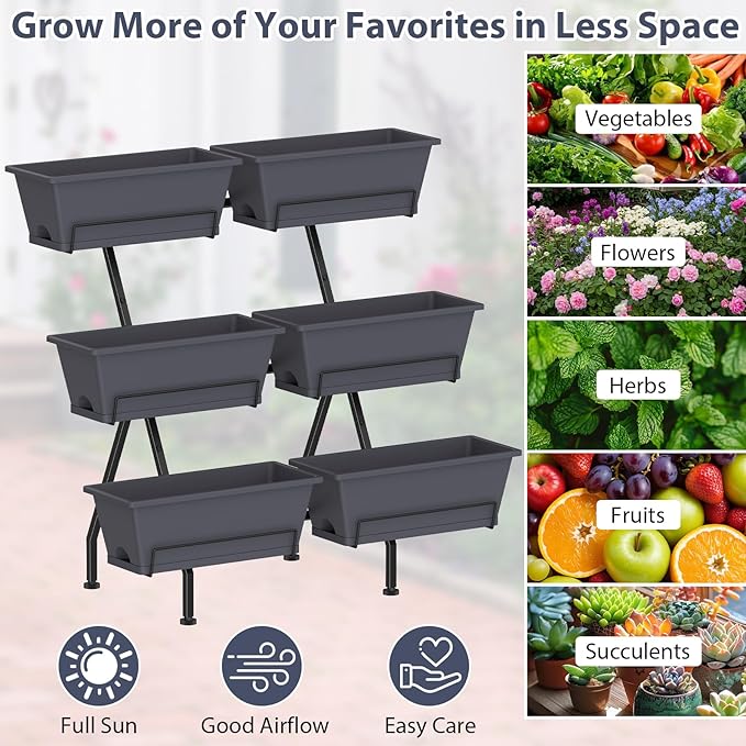 Sunexinlo 3-Tier Vertical Garden Planter with 6 Boxes, 31" Tall Raised Garden Bed with Adjustable Feet for Herbs, Flowers, Vegetables, Ideal for Indoor, Outdoor, Patio, Balcony, Deck Use, Gray