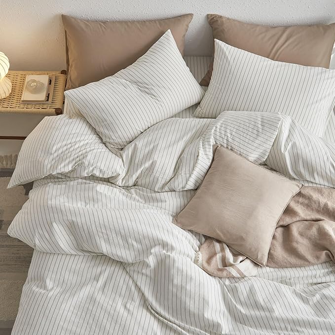MooMee Striped Duvet Cover Set 100% Washed Cotton Linen Like Textured Breathable Durable Soft Comfy (White Sage Green Wide Stripes, Palatial King/Oversized King 120"x98")