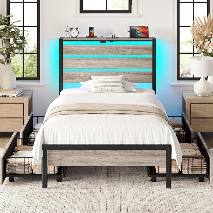 Rolanstar Twin Bed Frame with 4 Drawers, LED Lights and Charging Station, Metal Platform Bed with Storage Headboard, Noise Free, Easy Assembly, No Box Spring Needed, Light Grey