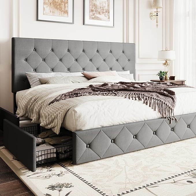 SHA CERLIN Upholstered King Size Platform Bed Frame with 4 Storage Drawers, Adjustable Headboard with Diamond Stitched Button Tufted Design, Wooden Slat Support, No Box Spring Needed, Light Grey