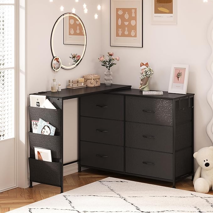 Simoretus Modern Corner Vanity Desk with 6 Fabric Drawers Power Outlet Side Pocket L Shaped Drawers Makeup Desk Dressing Table for Girls Women Bedroom (Black)