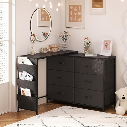 Simoretus Modern Corner Vanity Desk with 6 Fabric Drawers Power Outlet Side Pocket L Shaped Drawers Makeup Desk Dressing Table for Girls Women Bedroom (Black)