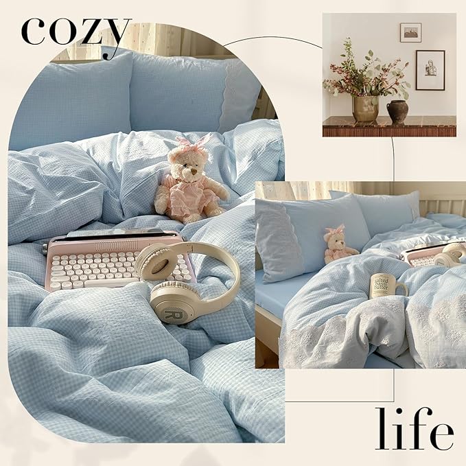 mixinni Blue Gingham Duvet Cover King Size - 3 Piece Cottagecore Plaid Bedding Set with Lace Trim, Soft Washed Microfiber Vintage Aesthetic Grid Comforter Cover & Pillow Shams, (Blue White Gingham)