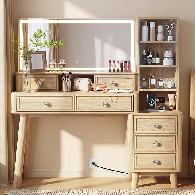 Furmax 48" Makeup Vanity Desk with Large Mirror and Lights,Big Wood Vanity Table with 5 Drawers＆Glass Storage Cabinet with Adjustable Shelves,Dressing Table with Charging Station for Bedroom (Oak)