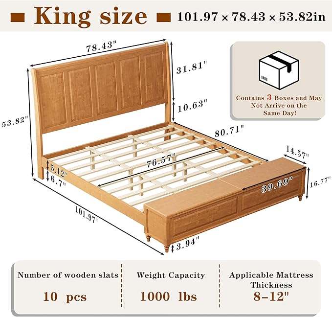KEIKI King Size Bed Frame with Storage Bench, Solid Wood Sleigh Bed with High Headboard and 64" Storage Chest, Rubberwood Platform Bed, No Box Spring Required, Natural