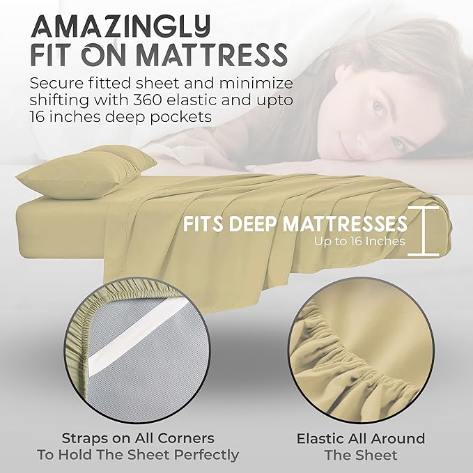 Twin Size Sheet Set - 3Pcs, Deep Pockets, Cooling, Soft & Lightweight, All-Season Comfort - Tan