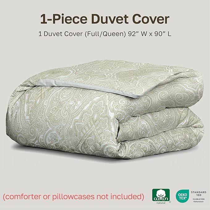 California Design Den 100% Cotton Duvet Cover Queen/Full Only - Premium 400 Thread Count Sateen, Comforter Cover Queen Size, Beige Duvet Cover with Button Closure and Corner Ties (Paisley Beige)