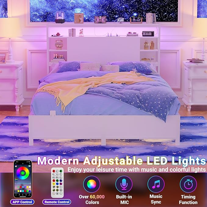 Unikito Full Size Headboard with Storage, Headboards with Outlet and RGB LED Light, Sturdy Head Board for Full Size Bed, Stable Headboard Only for Bedroom, Dorm Room, Guest Room, White