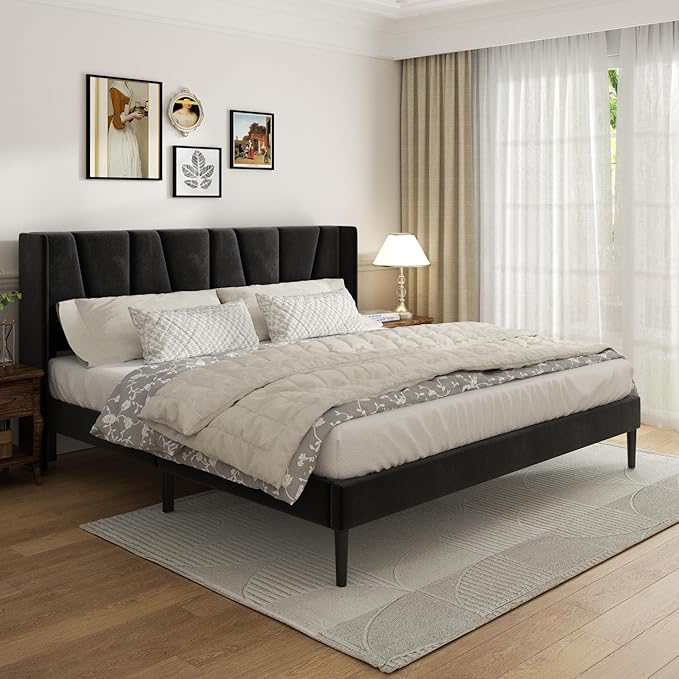Sismplly King Bed Frame with Headboard, Velvet Upholstered King Size Platform Bed with Wingback, Mattress Foundation with Wooden Slat Support, No Box Spring Needed, Easy Assembly, Noise Free, Black